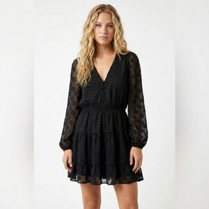 Le Superbe Dee Dee Polka Dot Chiffon Mini Dress 6 Black Long Sleeve V-Neck RTR